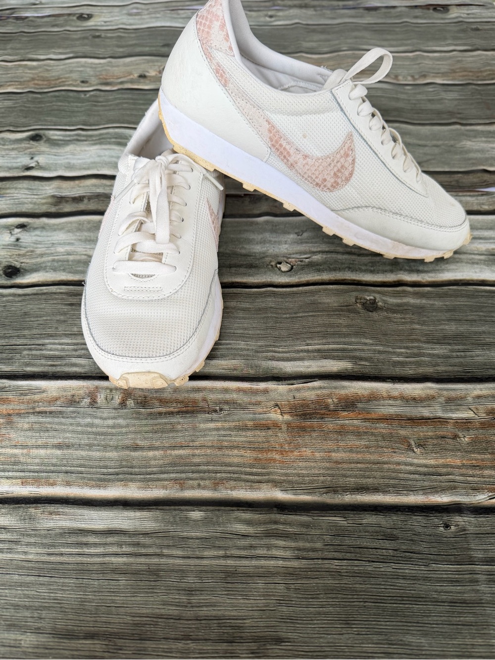 Nike Women's White Sneakers with Blush Pink, Faux Snakeskin Swoosh